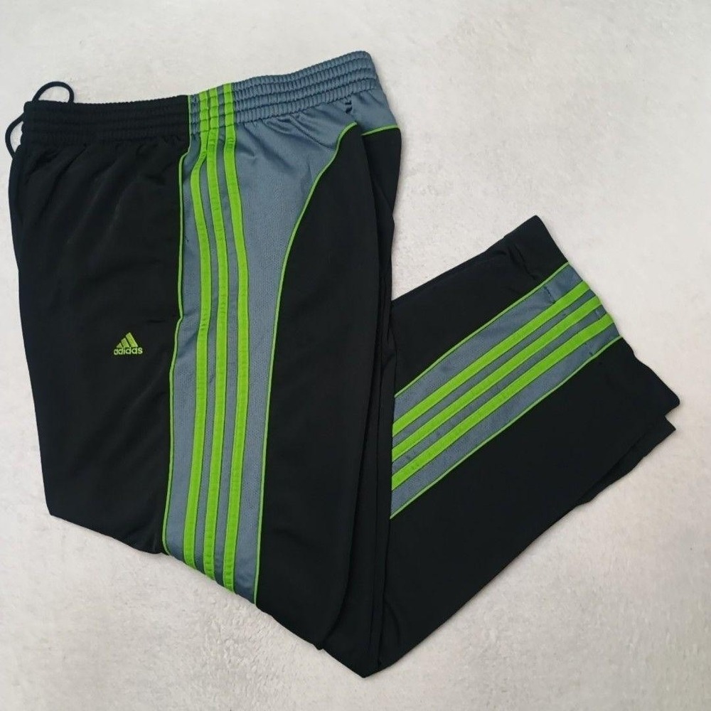 Vintage Adidas Track Pants Mens XL Black Gray Green Three Stripe Wide Y2k Soccer